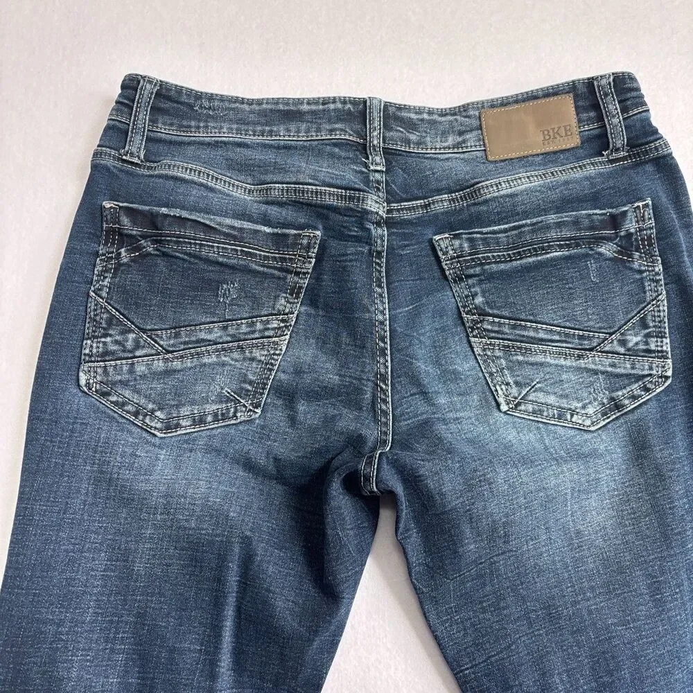 BKE Jake Straight Jean Mens 34x34 Dark Wash Distressed Whiskers Straight Leg